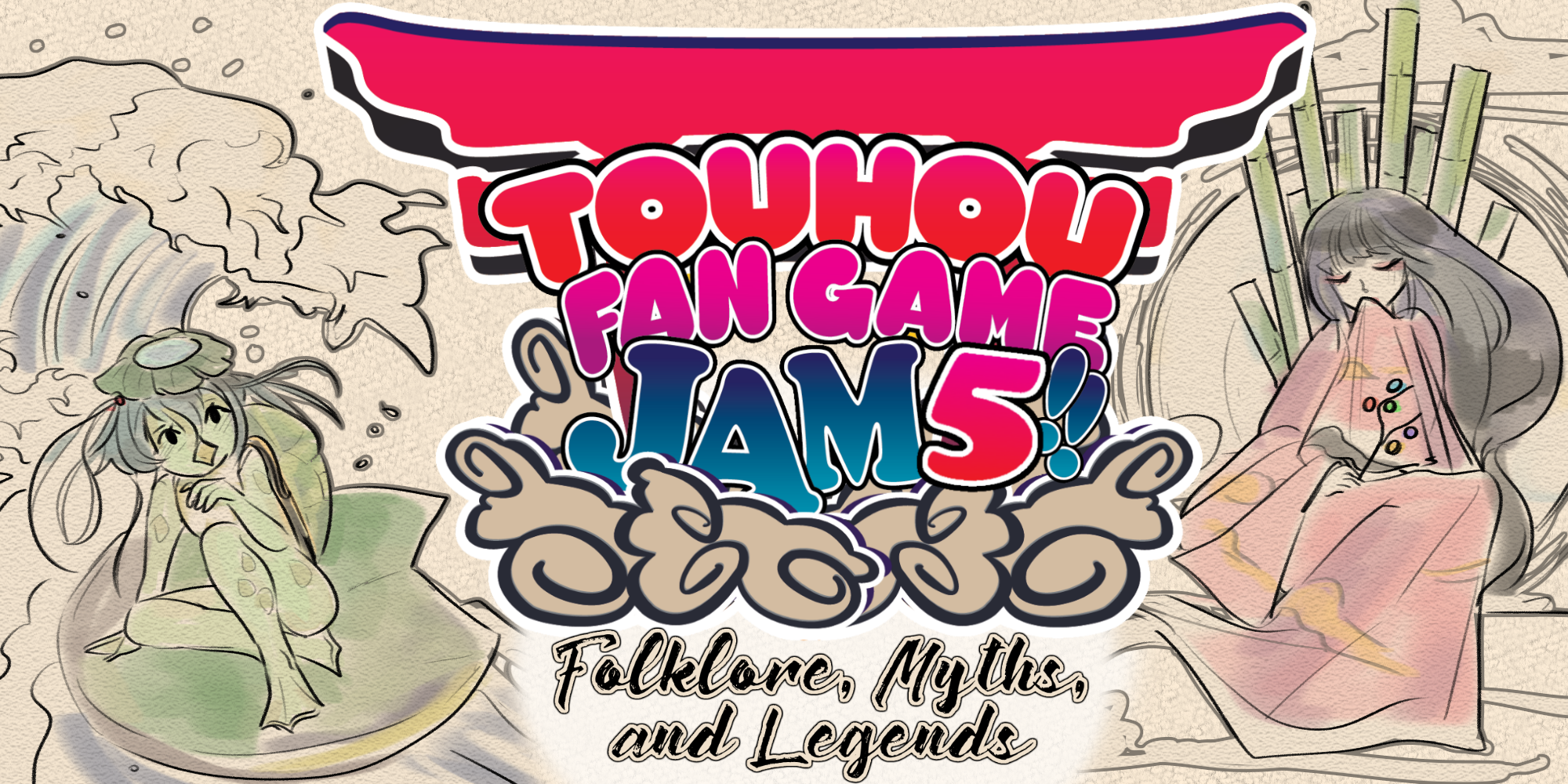Banner reading "Touhou Fan Game Jam 5!! Folklore, Myths, and Legends"